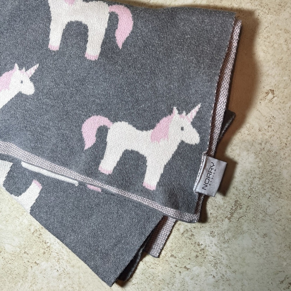 Norry Design Baby Blanket 100% Cotton Unicorn Fairytale Nursery Grey Pink Whimsy